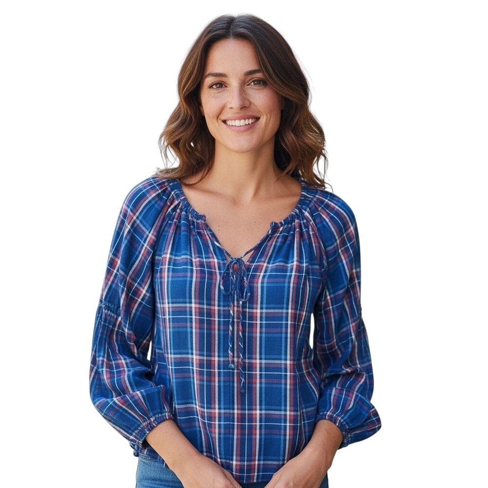 GAP Blue Red White Plaid Keyhole Blouse Women’s Size Small